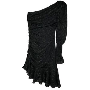 Bebe one shoulder long sleeve dress black animal print ruffle ruched cocktails 0